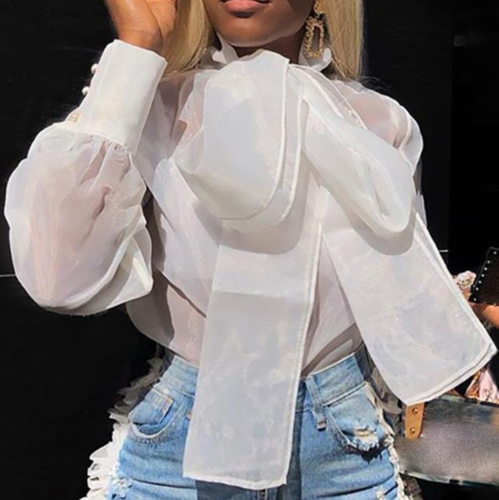 Sheer white jumbo tie blouse
